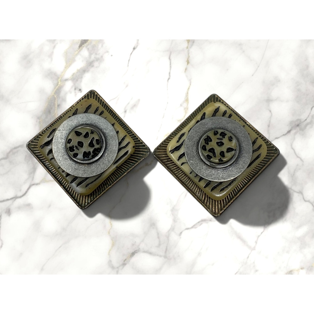 Vintage 1980's Safari Style Clip On Earrings Geometric Square Resin Statement